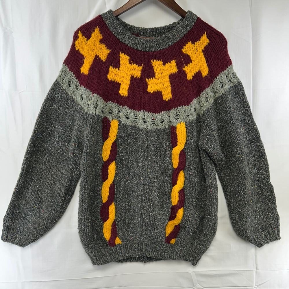 Tangiers Chunky Knit Sweater Medium Grey Burgundy Yellow Geometric Vintage